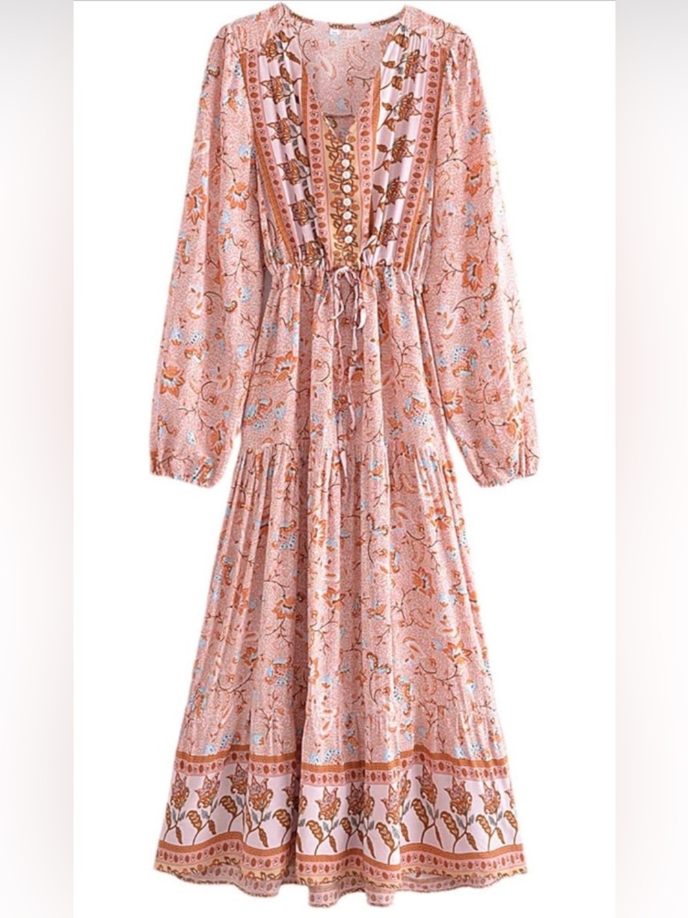 Boho Floral Pink Long Sleeve Tiered Maxi Dress